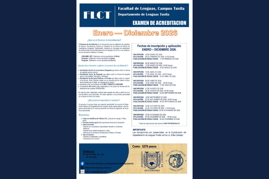 Departamento de Lenguas de la UNACH publica calendario 2026 para Examen de Acreditación de idiomas