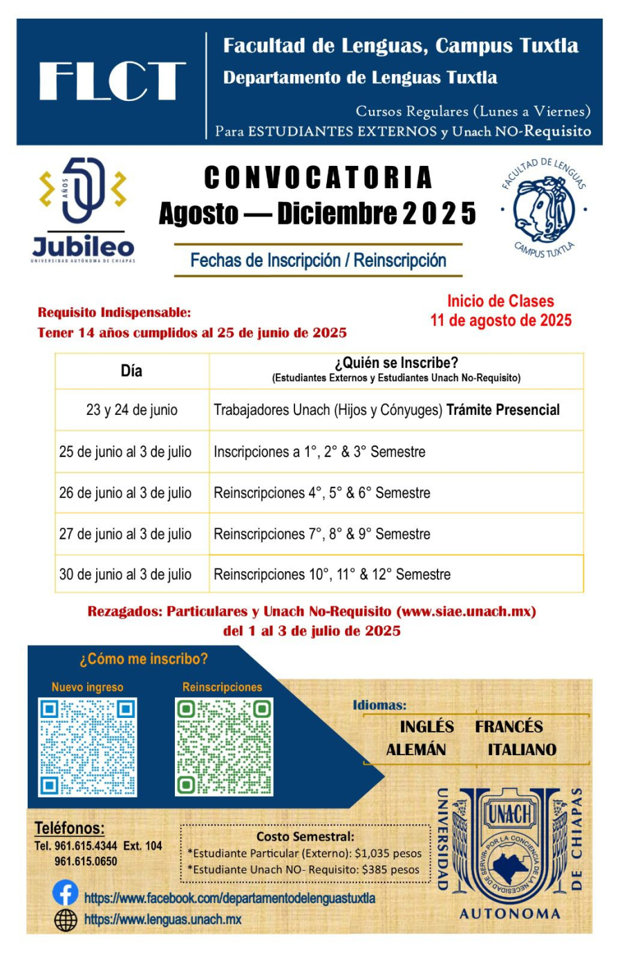 Facultad de Lenguas de la UNACH abre inscripciones para Cursos Regulares de Idiomas Agosto-Diciembre 2025