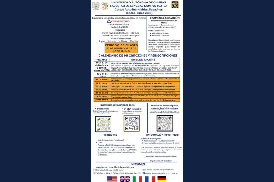 Cursos de idiomas 2026 en Facultad de Lenguas Campus Tuxtla