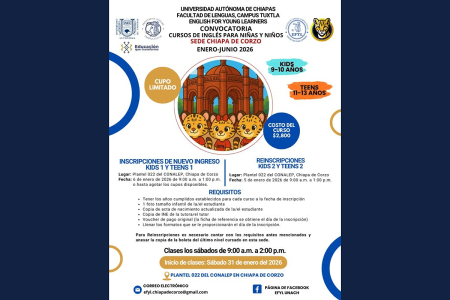 Facultad de Lenguas Tuxtla de la UNACH ofrece su programa de inglés para niños y adolescentes en Chiapa de Corzo
