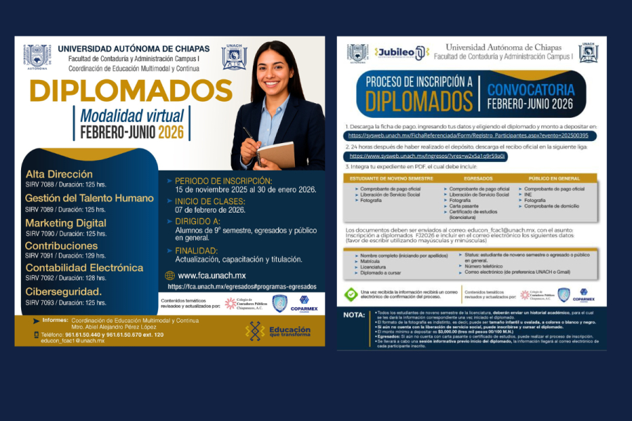Facultad de Contaduría y Administración Campus I de la UNACH convoca a diplomados virtuales para formación continua