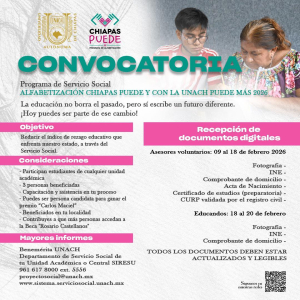 Programa de Servicio Social “Alfabetización Chiapas Puede y con la UNACH Puede Más 2026” se encuentra disponible
