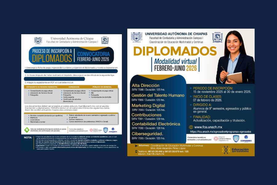 Facultad de Contaduría y Administración Campus I de la UNACH abre convocatoria para diplomados virtuales en periodo febrero-junio 2026