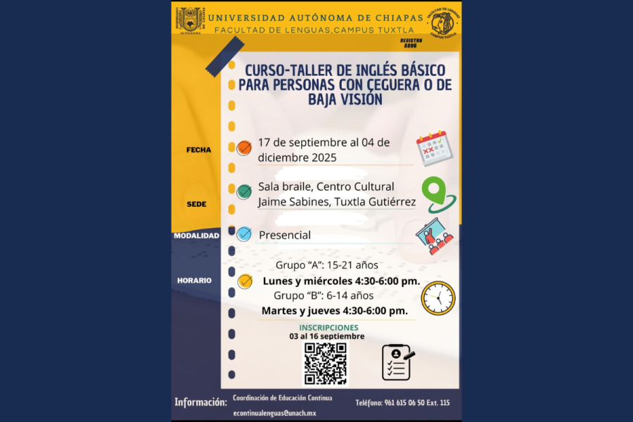 Facultad de Lenguas de la UNACH ofrece Curso-Taller de Inglés Inclusivo para personas con discapacidad visual