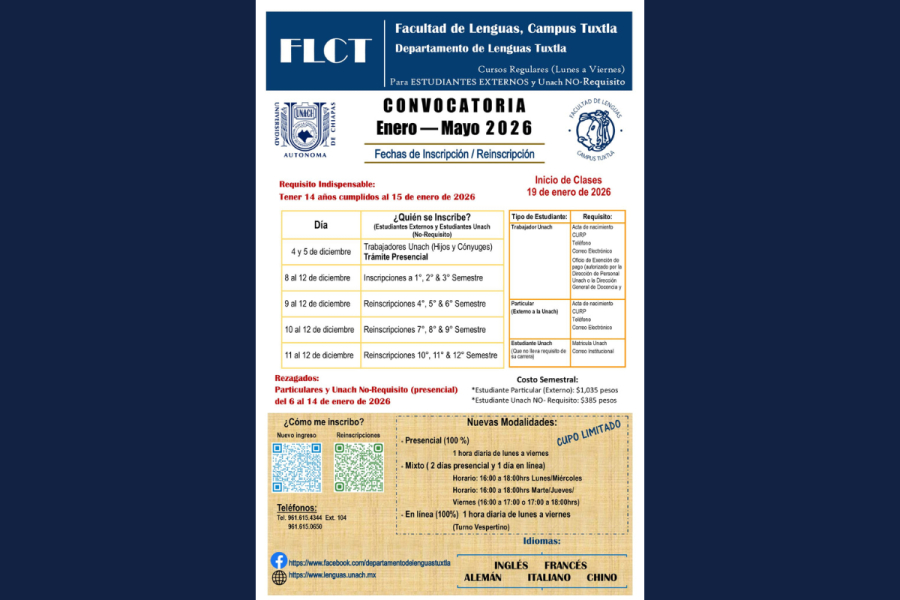 Lanzan convocatoria para cursos de idiomas en Facultad de Lenguas Campus Tuxtla