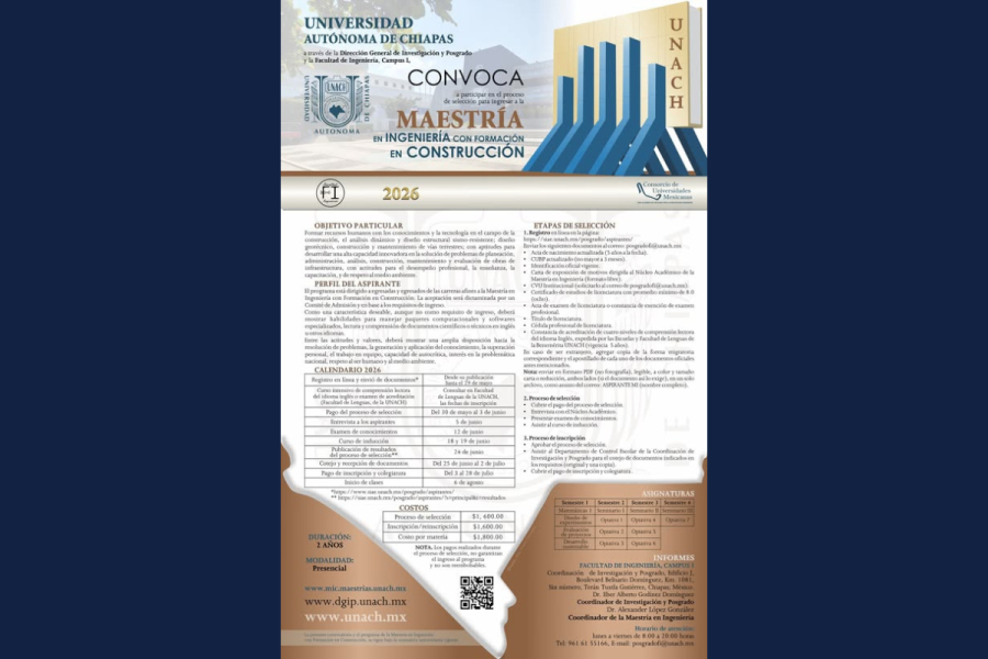 Ofertan Maestría en Ingeniería con Formación en Construcción para ciclo Enero Julio 2026