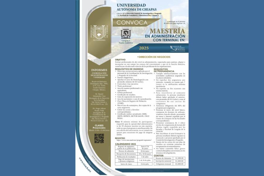 Facultad de Contaduría y Administración UNACH lanza oferta de maestrías para el desarrollo profesional