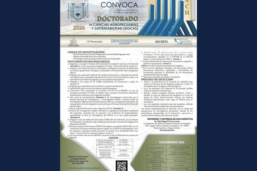 Doctorado en Ciencias Agropecuarias y Sustentabilidad de la UNACH amplía plazo de inscripción para 2026