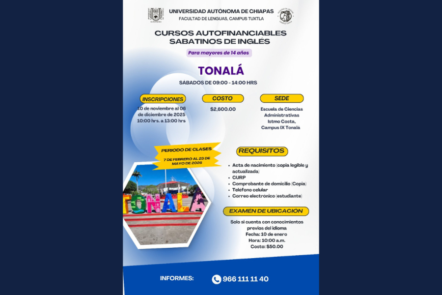 Lenguas de la UNACH extiende su oferta educativa con Cursos Autofinanciables Sabatinos de inglés en Tonalá