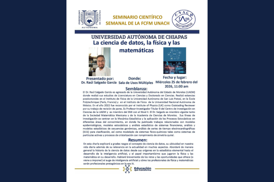 Invita Facultad de Ciencias en Física y Matemáticas al Seminario Científico Semanal “La ciencia de datos, la física y las matemáticas”