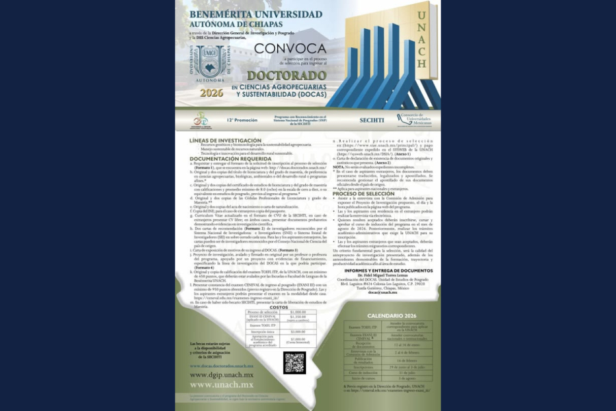 Abren convocatoria al Proceso de Ingreso 2026 del Doctorado en Ciencias Agropecuarias y Sustentabilidad (DOCAS)