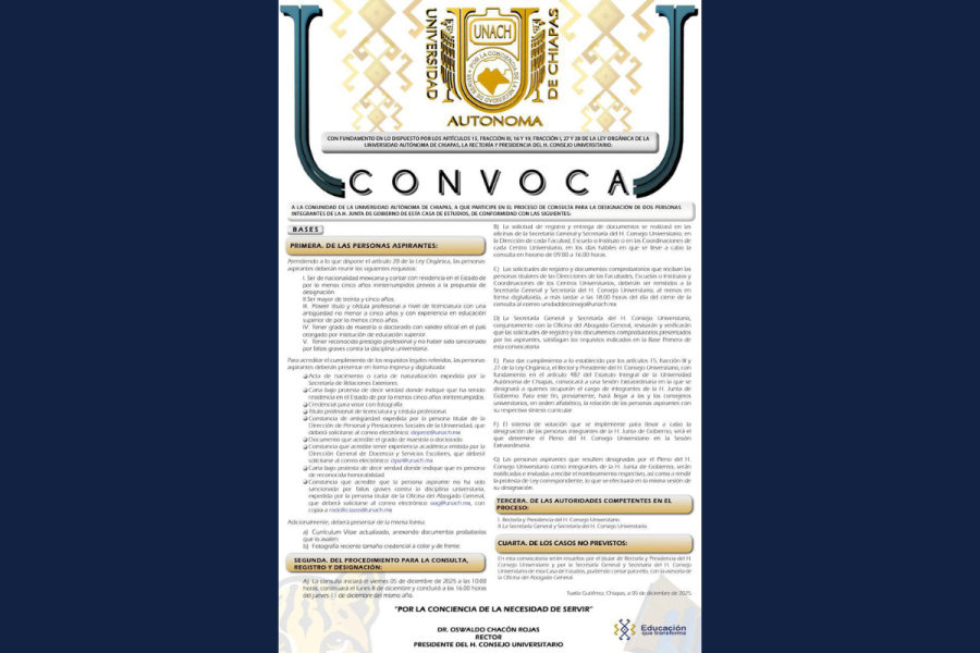 Emite UNACH convocatoria para la designación de dos integrantes de la Honorable Junta de Gobierno