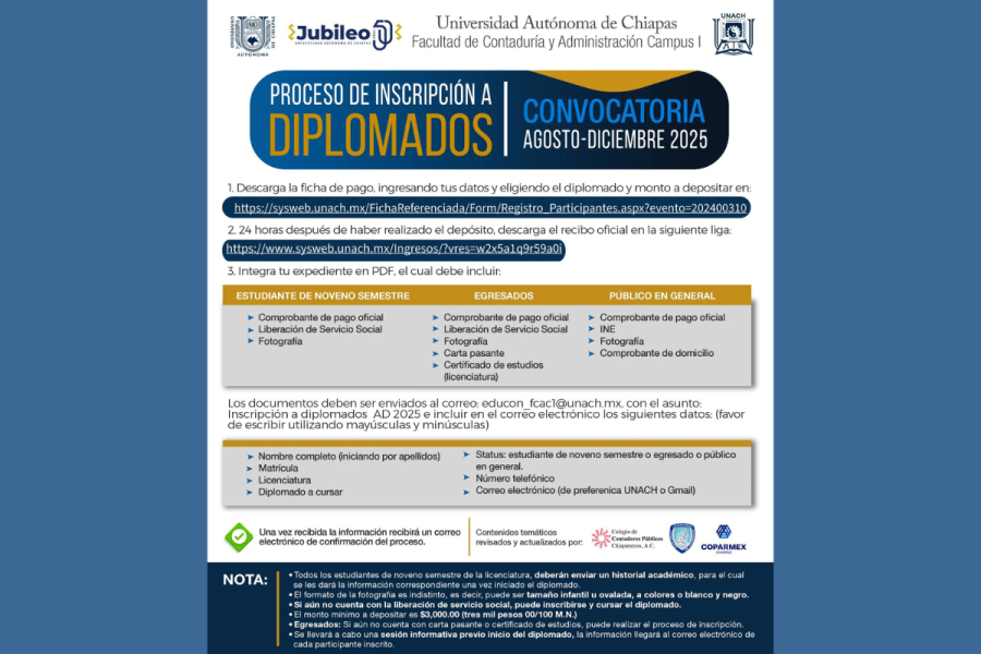 Facultad de Contaduría y Administración de la UNACH abre inscripciones para Diplomados Virtuales Agosto-Diciembre 2025